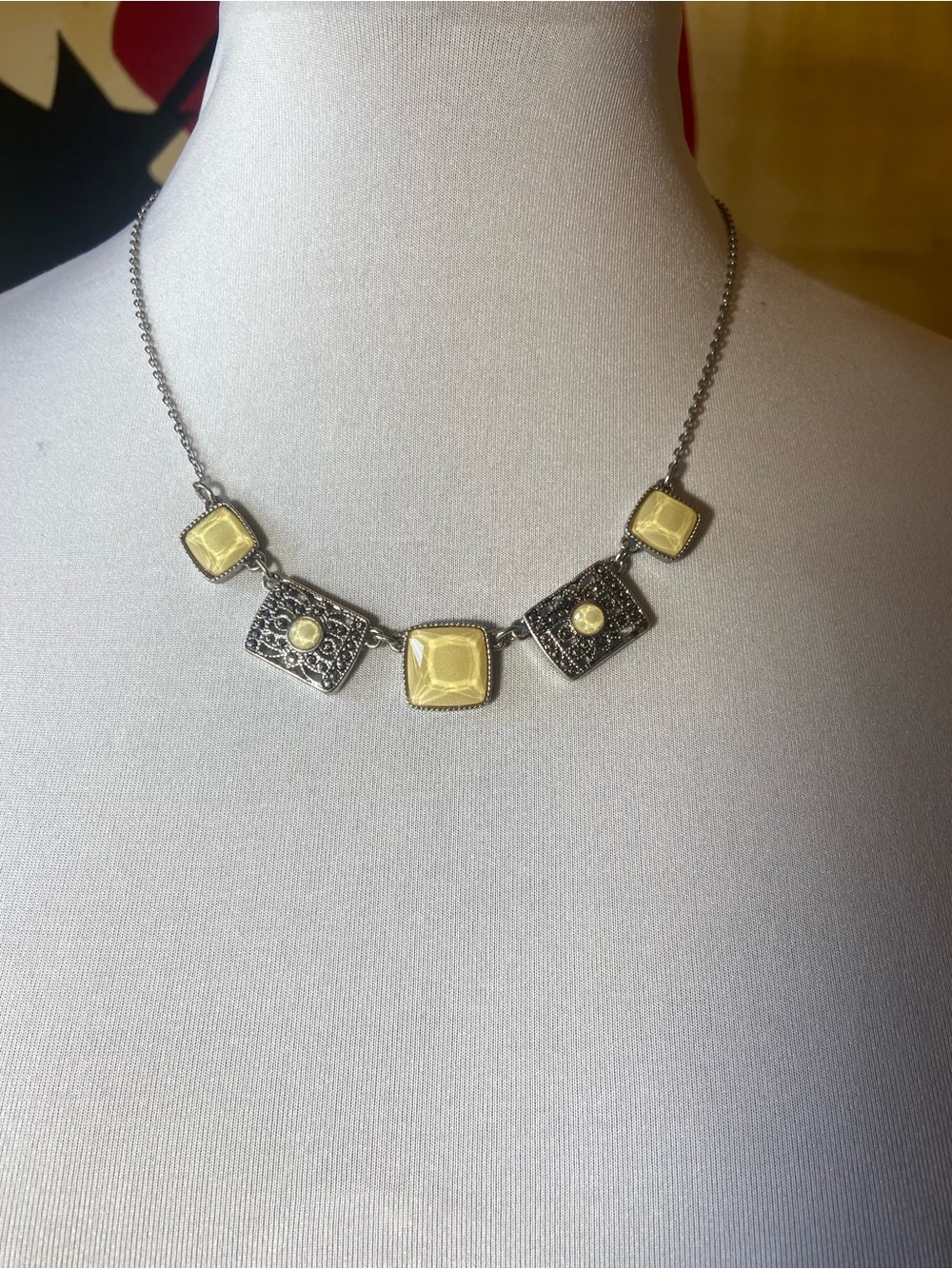 Vintage Liz Claiborne Silver-Tone Necklace with Yellow Square Accents